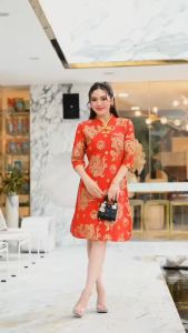 (พร้อมส่ง) ชุดสีแดง ชุดกี่เพ้าลายมังกรทอง ใส่วันตรุษจีน