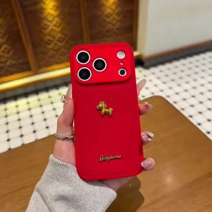 Lucky Red Leather Phone Case 3D Gold Horse Design