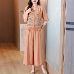 MAIMEI | Elegant Casual Embroidered Shirt And Pants Two-Piece Set For Middle-Aged And Elderly Women Short Sleeve V-Neck Polyester Fiber