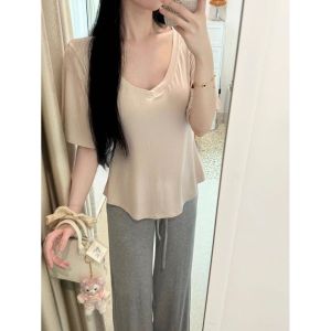 Áo Thun Modal Cổ Chữ V Tay Ngắn Thường Ngày Mùa Hè Cho Nữ Dáng Rộng Dài Vừa Phải Che Mông Dáng Ôm Mặc Đi Làm