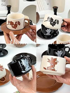 L003 Combo 2 Cốc cà phê và đĩa sứ phong cách Châu Âu. cốc  gốm sứ . cốc trà chiều văn phòng cốc nước cốc ăn sáng cốc trà sữa