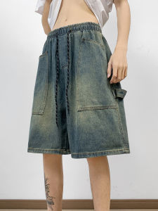 Retro Loose Fit Mens Denim Shorts with Big Pockets Elastic Waist Drawstring American Street Style Casual Straight Leg Jeans