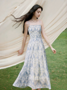 XIANGYING | Blue Floral Slimming Spaghetti Strap Dress Women
