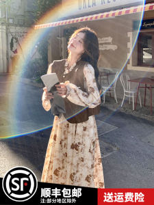 French Tea Break Floral Print Dress And Vest Set Womens Spring Autumn Gentle Style Sweet Skirt Two-Piece Suit High Waist A-Line Skirt