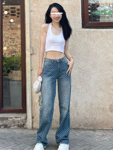 กางเกงยีนส์ทรงตรงลายดอกไม้ King Brand สำหรับผู้ชายและผู้หญิง กางเกงขายาวทรงตรงสำหรับคู่รัก ทรงหลวม สไตล์ฤดูร้อน 2023