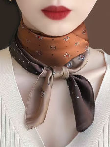 Womens Scarf Versatile Coffee Color Spring Autumn Season Small Square Scarf Fashionable Multi-use Headscarf Korean Style Polyester Fiber