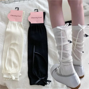 2pairs Sweet Lolita Long Socks Bandage Ribbon Bow Women Girls Cute Middle Tube Socks Ballet Solid Color Black White Socks