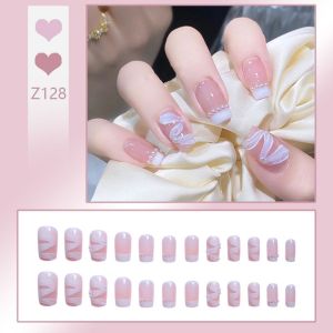 24pcs Fake NaiIs With GIue Short/Iong False Nails Nail A rt lce Camellia Pearl Powder Transparent Nails
