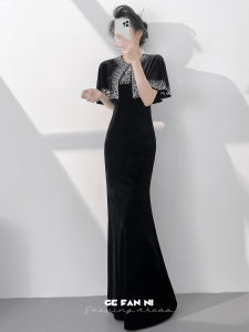Black Elegant Evening Dress Velvet Spaghetti Strap Mermaid Shawl