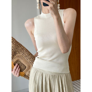 ผู้หญิง SLIM FIT Lyocell ถักเสื้อกล้ามกึ่งสูงรอบคอผ้าไหมหม่อนด้านในสวมใส่ด้านนอกสวมใส่ Combo Unsleeved สําหรับฤดูร้อน