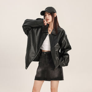 Tagkita Womens Leather Jacket 2023 New Loose American Retro Motorcycle Style With Pocket Long Sleeves For Spring and Autumn