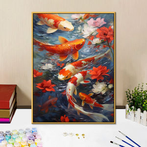Good Luck Carp DIY Digital Oil Painting Cartoon Anime Hand Drawn Coloring Handmade Acrylic Painting Living Room Decor Artwork
