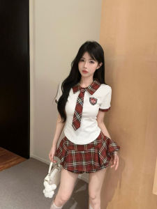 GUZILIAN | Summer New College Style Womens Set Polo Collar Short Sleeve T-Shirt JK Bow Tie Top High Waist Plaid Mini Skirt Outfit