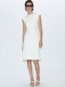 AMII | Commuter Style Mesh Lace Yoke Puff Sleeve Waist Accentuating Stretchy Dress