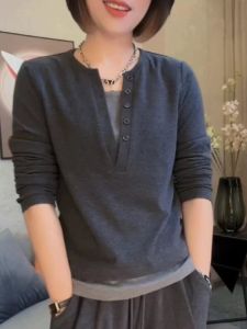 Warm Thermal Long Sleeve V-Neck T-Shirt Womens Autumn Winter New Style Moms Base Shirt plus Size Fashionable Top