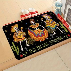 VIKAMA Dia De Los Muertos Skeleton Doormat Non Slip Entrance Floor Mat Mexican Cactus Front Door Holiday Home Decor Rug