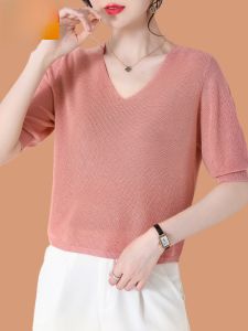 Silk Womens Short Sleeve V-Neck T-Shirt Ice Silk Summer New Style Korean Version round Neck Bright Thread Splicing T-Shirt