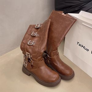 YX | Brown Thick-Soled Ankle-Boot Womens Wide-Calf High-Top Riding Boots