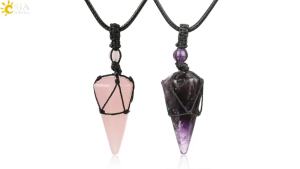 CSJA Natural Stone Crystals Necklace Pendants Roses Crystal Quartz Black Rope Wrap Amethysts Necklace for Men Lapis Lazuli G173