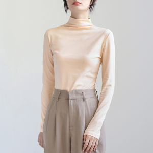 Slim Fit Long Sleeve T-Shirt Womens Base Shirt Autumn Winter Black Half High Collar Cotton Polyester Blend Casual Top