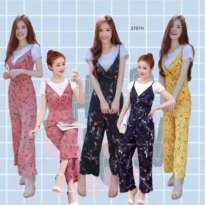 P2707 เซต 2 ชิ้นเสื้อยืดสีขาว+เอี้ยมกางเกงสายเดี่ยว ลายดอกLong-legged bat wing jumper + bow tie