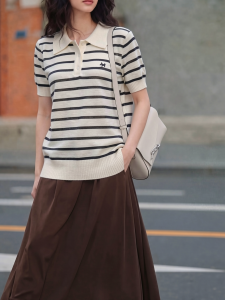 Basic House | Yellow Stripe Polo Collar Short Sleeve Beautiful Knitwear