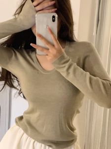 Hanyingge Womens Knitted Long Sleeve V-neck Slim Fit Summer Top Basic Layering Shirt Commute Style Regular Sleeve Length