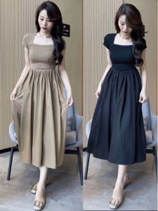 ชุดเดรสทรงเอคอเหลี่ยมแขนสั้นผ่าหน้าเอวเข้ารูปกระโปรงทรงเอผ้าฝ้ายผสมฤดูร้อนสำหรับผู้หญิง ชุดทำงานสไตล์เกาหลี