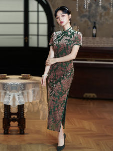 เสื้อคลุมผ้ากำมะหยี่สีน้ำเงินหรูหราสำหรับผู้หญิง ทรงยาว แขนสั้น ปิดด้วยกระดุม ผ้ากำมะหยี่ ทรงเข้ารูป สง่างาม ฤดูใบไม้ผลิ ฤดูใบไม้ร่วง