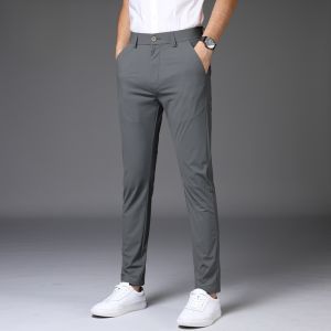 ROMON | Lormen Mens Summer Ice Silk Elastic Loose Straight Leg Business Casual Pants No Ironing Required Long Trousers Fashionable Urban Style