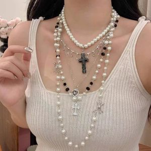 Multi-Layer Cross Pearl Necklace Womens Choker Luxury Sensation Long Sweater Chain Clavicle Chain Fashion Jewelry Accessory