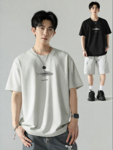 Wood soon | Casual Men T-Shirt Pixel Fish Letter Print Loose Fit Short Sleeve