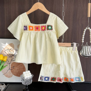 Menoea Mùa Hè Mới quần áo cho bé gái Thiết Lập Mới Dệt Kim Hoa Hướng Dương Tay Ngắn Top + Quần Short hai mảnh Thời Trang Phù Hợp Với Trang Phục phiên bản Hàn Quốc Trẻ Em Quần Áo 3-7 cho bé gái Tuổi Trang Phục