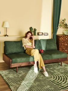 Nordic Style Small Apartment Sofa Living Room 2025 New Model Solid Wood No Armrest Black Leather Green Cloth Art Style Sofa