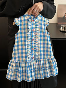 Girls Summer Plaid Shirt Dress Sleeveless Vest Skirt Childrens Clothing Korean Style Butterfly Knot Cotton Dress for Girls