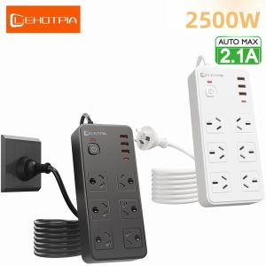 2500W Úc Âu Cắm Dán Cường Lực AC Với Dây Nối Dài 1.8M 6 Ổ Cắm Cổng USB Type-C Mạng Sạc Bộ Lọc Dùng Cho Gia Đình & Thương Mại