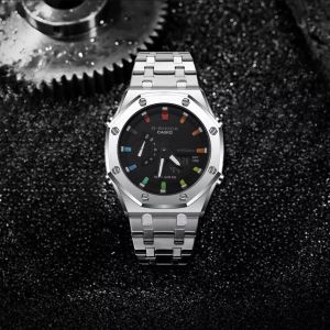 Jam Tangan Pria Gshock Casio OAk GA 2100 Modification Gen 3 Rantai Stainless Steel Auto Light Aktif Fullset Ori