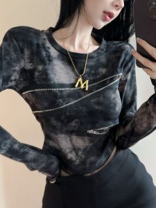 GUZILIAN | American Y2K Design Zipper Shoulder Long Sleeve T-Shirt Womens Autumn Retro Small Crowd Slimming Spicy Shoulder Pad Dyeing Top