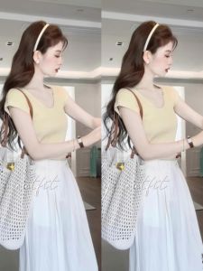 Yellow Slim Fit Knitted Ice Silk Short Sleeve T-Shirt Womens Fashion Summer Top Anti-Aging Shoulder Width Regular Length