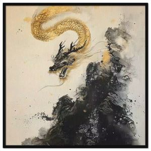 Tranh thủy mặc màu nước rồng vàng phong thủy. Tranh treo tường dán tường sơn dầu canvasCGI-1939