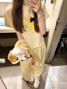 Sweet Cool Star Print Yellow Short Sleeve T-Shirt Womens High Waist Short Top Slimming Summer Fashion Casual Streetwear