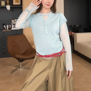 Shalldoer | Design Casual Summer Set V-Neck Short Sleeve T-Shirt Long Sleeve Mesh Top Two Pieces