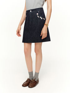 DUSHU | Floral Embroidered High Waist A-line Denim Skirt