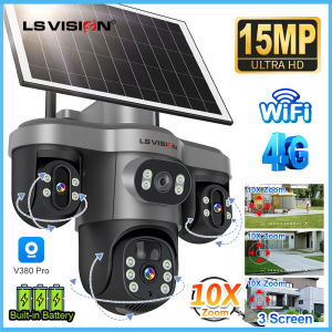 LS VISION V380 3 PTZ Screen 4G/WiFi Solar CCTV Camera 15MP 10X Digital Zoom AI Detection Solar+8000mAh Humanoid Detection Automatic Tracking IP66 Waterproof 2-Way Audio IP Cameras
