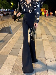 Elegant High Waist Bell Bottom Pants Womens Fashionable Stretchy Slimming Floor Length Trousers Autumn New Style All-Match Long Pants