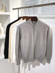 Mens Slim Fit Long Sleeve Knitted Sweater Pure Color Business Commuting Double Zipper Woolen Yarn Sweatshirt Casual Style