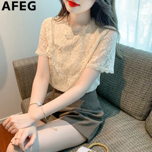 AFEG solid color Korean version of the round neck fashion slim all kinds of retro lace short-sleeved blouse