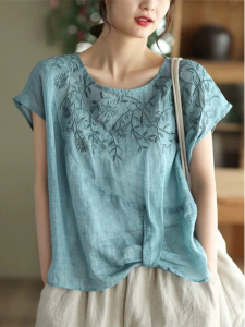 Áo Thun Cotton Lanh Cổ Tròn Tay Ngắn Cao Cấp Mùa Hè Áo Sơ Mi Nữ Họa Tiết Hoa Phong Cách Cổ Điển Dáng Rộng Thoải Mái