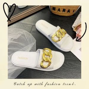 LHFriday HOT SALE รองเท้าแฟชั่นสไตล์เกาหลี ดีไซน์แบบสวมแต่งโซ่ทอง ดูดีมากๆ รุ่นนี้เหมาะกับสาวเท้าเรียวเล็ก