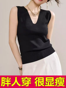 plus Size Ice Silk Knitted V-Neck Tank Top Women Summer Outerwear Short Sleeve Base Layer Shirt for Suit Casual Wear